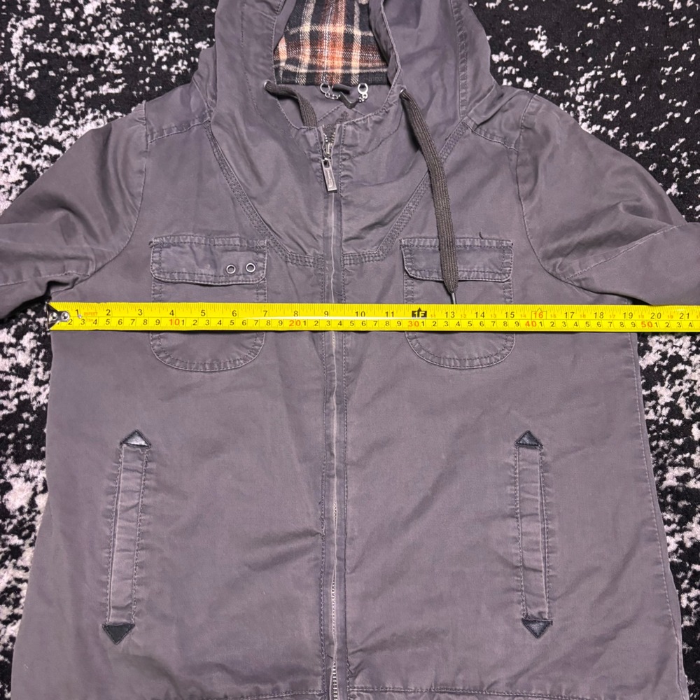 Joujou Womens Grey Utility Jacket Plaid Lined Hooded Y2K Grunge Cargo Coat Small - Picture 5 of 6